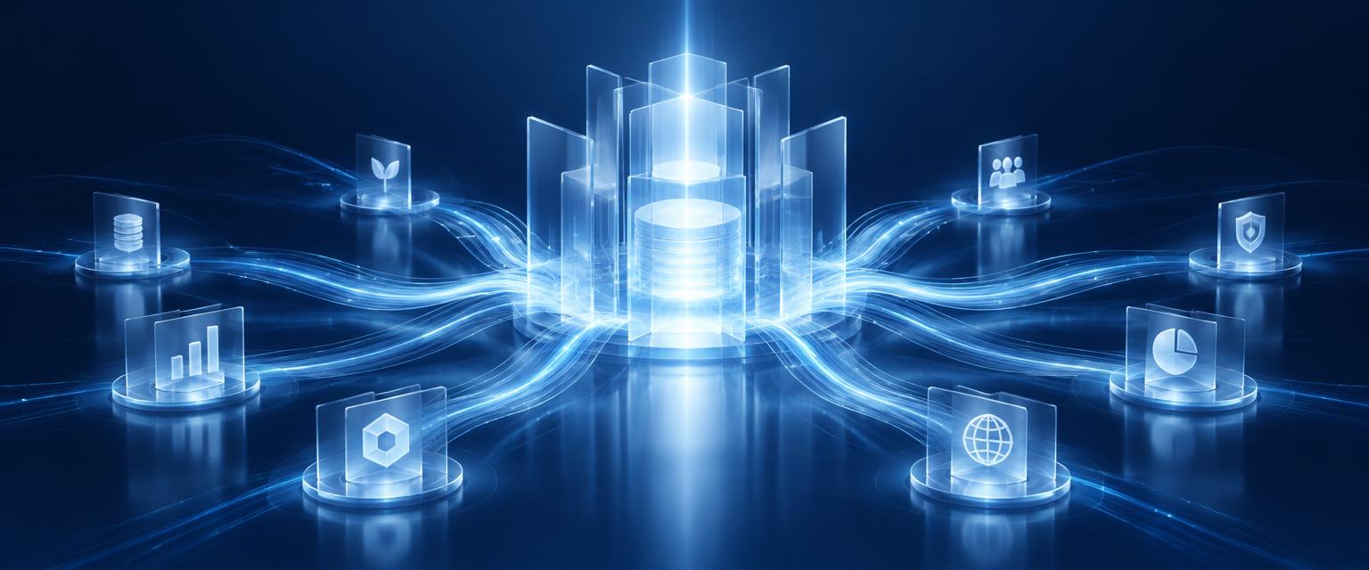 Glowing glass structure with light streams connecting participants, symbolizing shared rewards and benefits extending outward